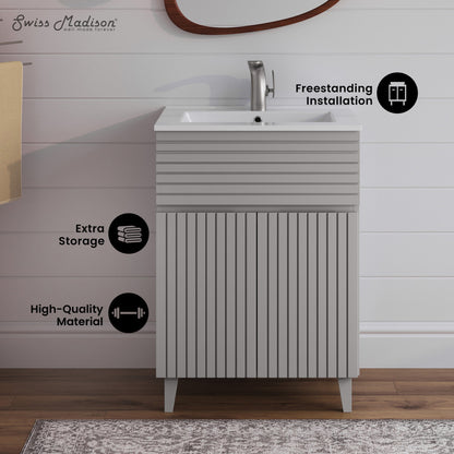 24-inch freestanding bathroom vanity in shell, single sink, soft-close doors.