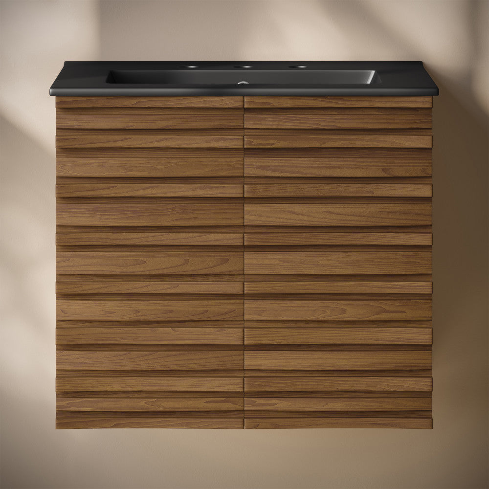 Cascade 24" Wall-Mounted Bathroom Vanity in Brown Oak with Black 3-Hole Widespread Sink Top