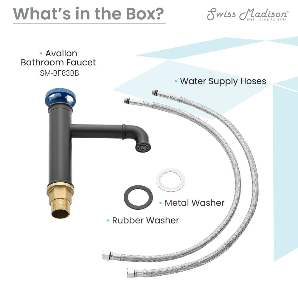 Single-handle bathroom faucet in matte black with blue wheel handle, includes water supply hoses and washers.
