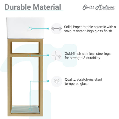 19.5-inch wall-mount bathroom vanity with open shelf, gold metal frame, and ceramic white top.