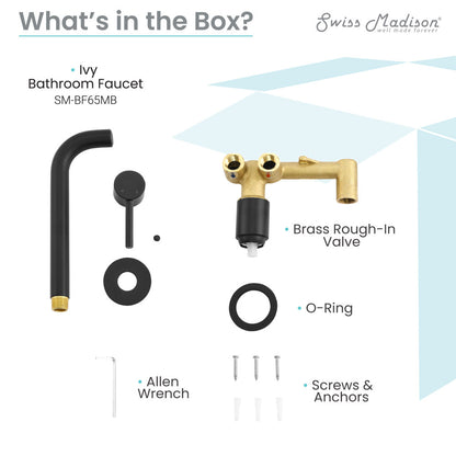 Wall-mount single-handle bathroom faucet in matte black with brass rough-in valve and mounting hardware.