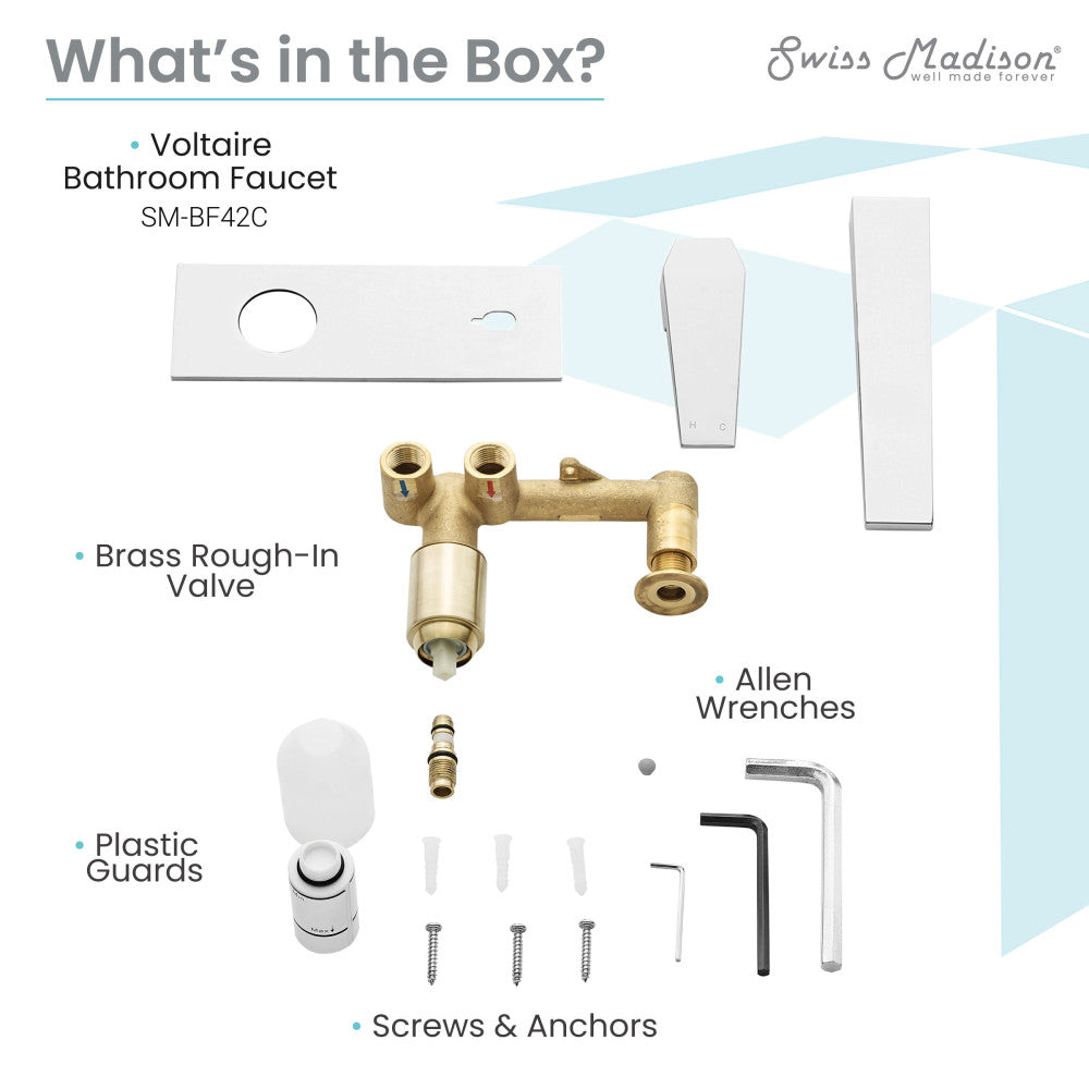 Wall-mount bathroom faucet in chrome, single-handle, includes brass rough-in valve and installation hardware.