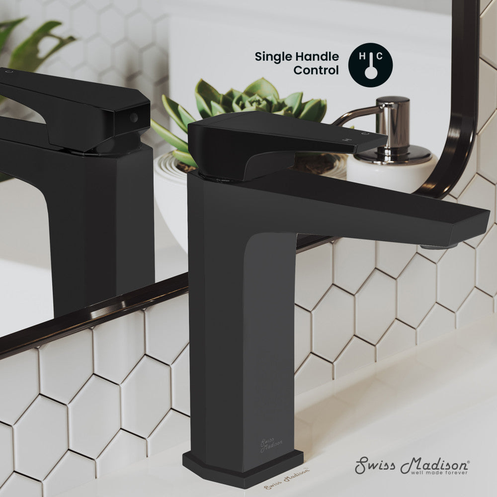 Single-handle bathroom faucet in matte black with angular design and lever handle.