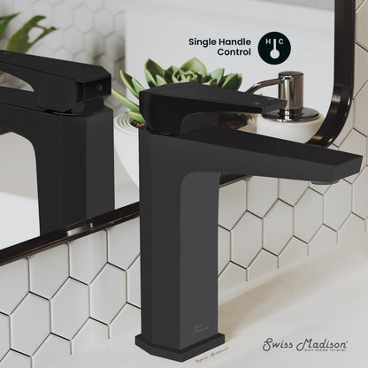 Single-handle bathroom faucet in matte black with angular design and lever handle.