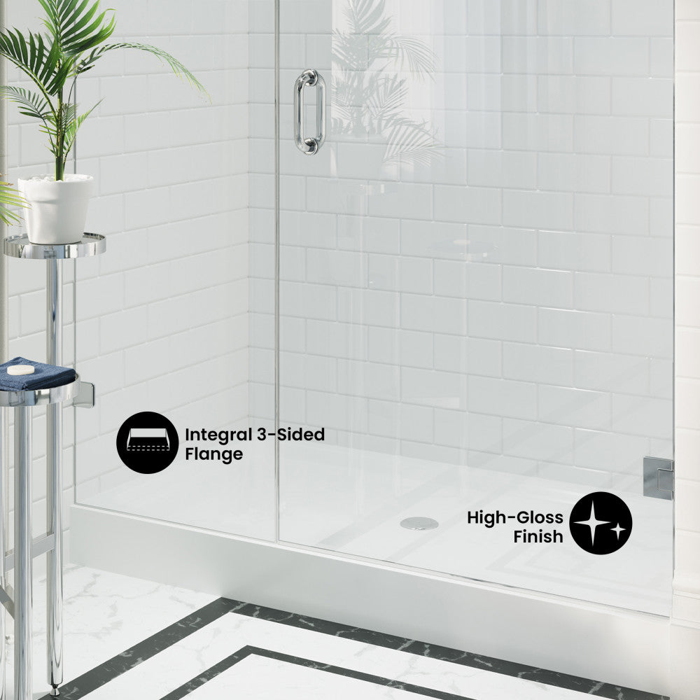 Voltaire 60" x 32" Acrylic White, Single-Threshold, Center Drain, Shower Base