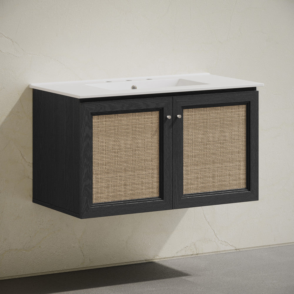 Classe 36" Wall-Mounted Bathroom Vanity in Black Oak with Widespread Faucet Holes Vanity Top