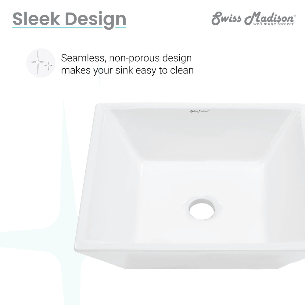 Square white ceramic vessel sink with clean lines and seamless non-porous design.