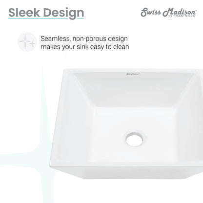 Square white ceramic vessel sink with clean lines and seamless non-porous design.
