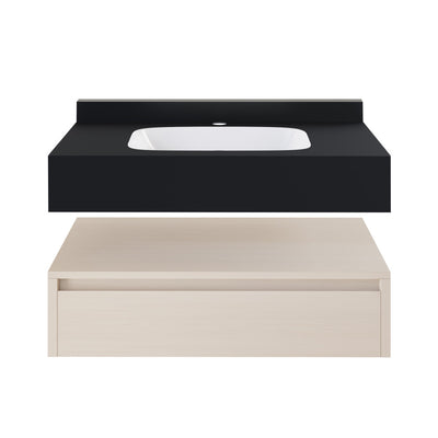 Avancer 36" Wall-Mounted Bathroom Vanity in White Oak with Black Marble Sink Top