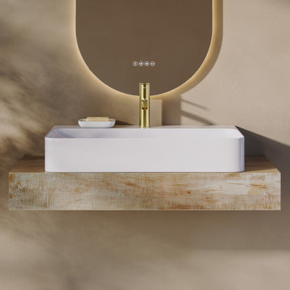 32" rectangular glossy white vessel sink with faucet mount on wooden floating shelf.