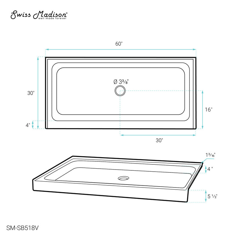 Voltaire 60" x 30" Single-Threshold, Center Drain, Shower Base in Biscuit