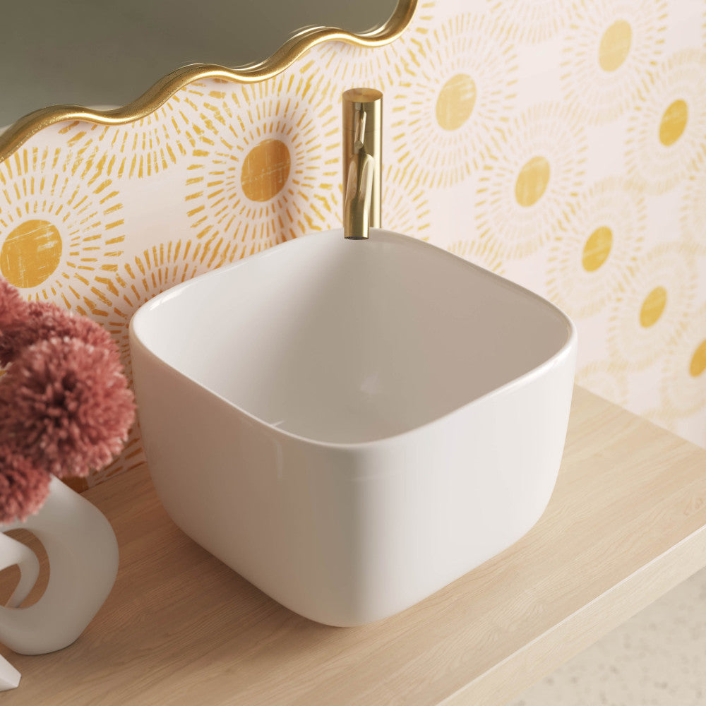 14.5-inch white square vessel bathroom sink with rounded edges and smooth finish.