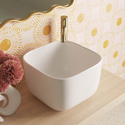 14.5-inch white square vessel bathroom sink with rounded edges and smooth finish.