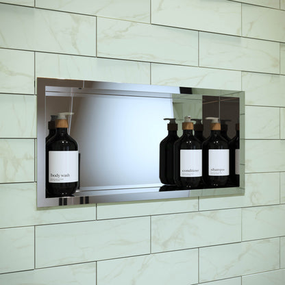 12" x 24" stainless steel single shelf shower niche in polished chrome with reflective back panel.