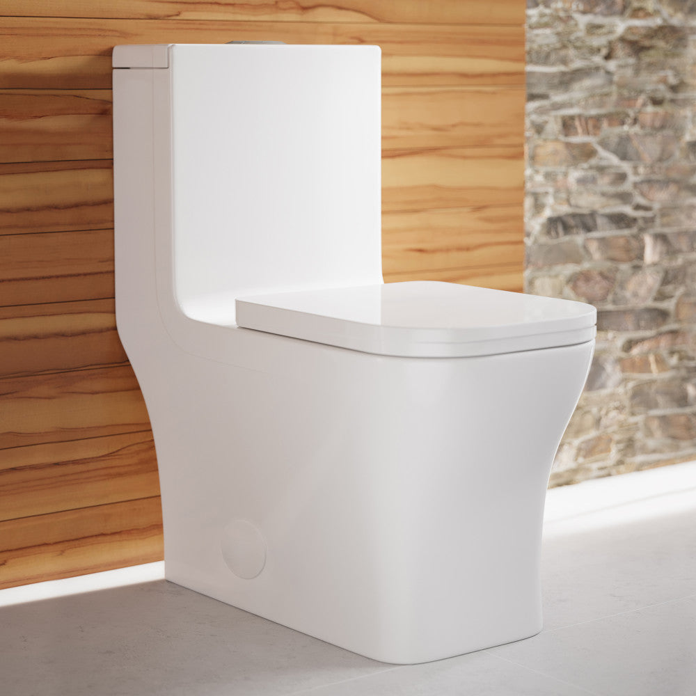 Elongated one-piece toilet in glossy white, dual top flush.
