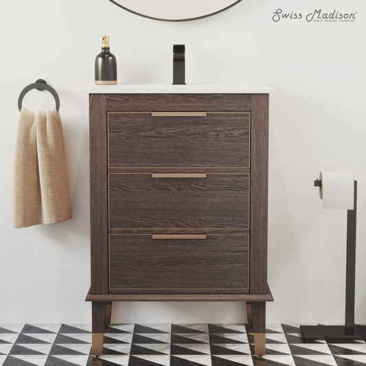 Hugo 24" Freestanding Bathroom Vanity in Brown Oak with Sink Top