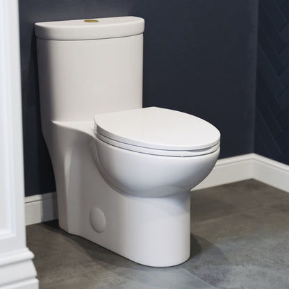Elongated one-piece toilet with dual flush and brushed gold hardware, compact design.