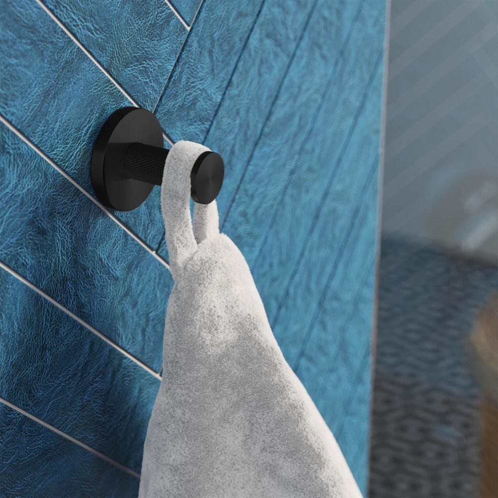 Stainless steel bathroom robe hook in matte black, sleek modern design, mounted on blue tiled wall.