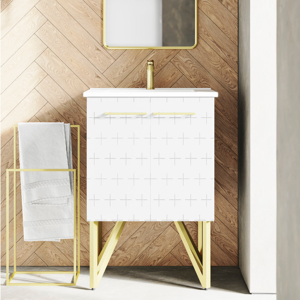 24-inch freestanding bathroom vanity in galaxy white with single sink and gold-tone legs.