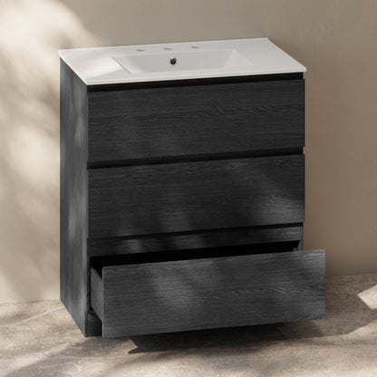 Liberte 30" Freestanding Bathroom Vanity in Black Oak with 3-Hole Widespread Sink Top