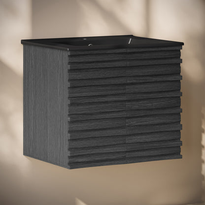 Cascade 24" Wall-Mounted Bathroom Vanity in Black Oak with Black Sink Top