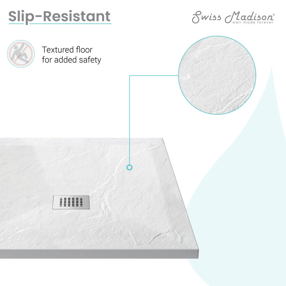 36-inch square shower base, reversible drain, textured slip-resistant surface, white finish.