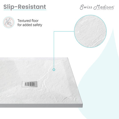 36-inch square shower base, reversible drain, textured slip-resistant surface, white finish.