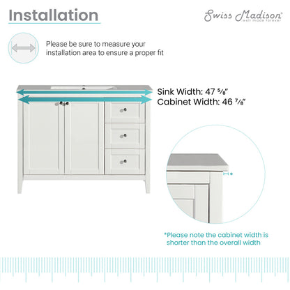48-inch freestanding bathroom vanity with two doors and three drawers, soft-close doors.