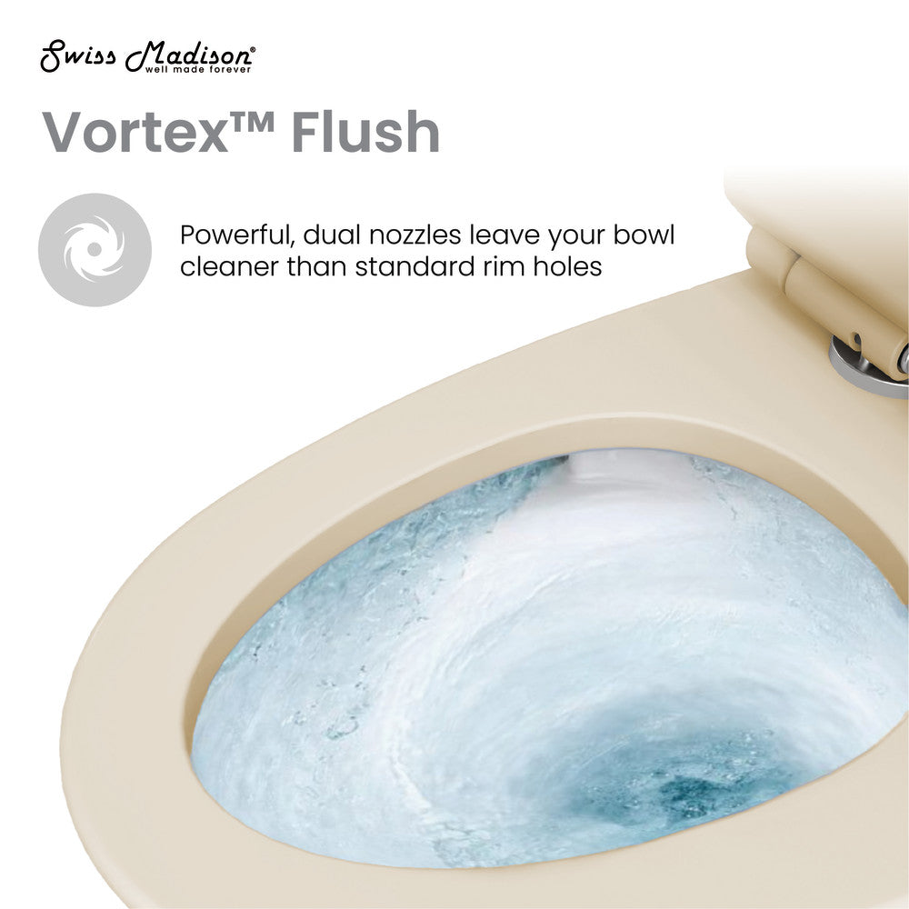 Elongated one-piece toilet in bisque, left side flush handle, 1.28 gallons per flush.