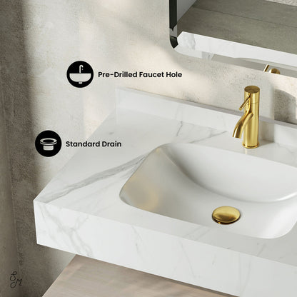 Avancer 36" Wall-Mounted Bathroom Vanity in White Oak with White Marble Sink Top
