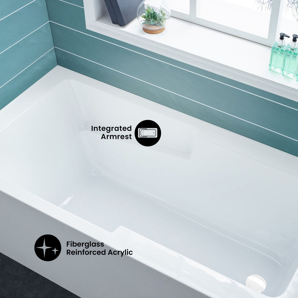 Voltaire 60 x 30 Skirted Right Drain Soaking Apron Bathtub in Glossy White with Integrated Overflow and Armrest, Drain Included
