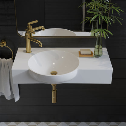 30" white wall-mount bathroom sink with round basin and left-side gold faucet.