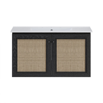 Classe 36" Wall-Mounted Bathroom Vanity in Black Oak with Widespread Faucet Holes Vanity Top