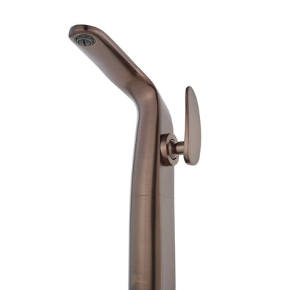 Single-handle high arc bathroom faucet in oil rubbed bronze with sleek, modern design and lever handle on the side.