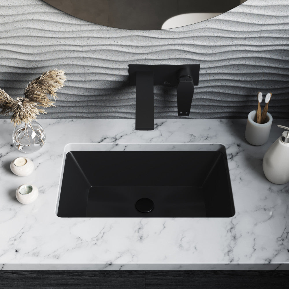 21" rectangular undermount bathroom sink in matte black with sleek, minimalist design and smooth matte finish.