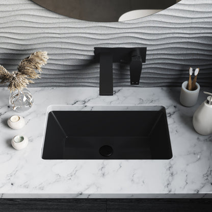 21" rectangular undermount bathroom sink in matte black with sleek, minimalist design and smooth matte finish.