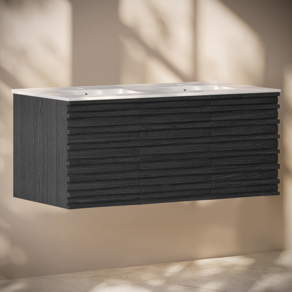 Cascade 48" Wall-Mounted Bathroom Vanity in Black Oak with Double Basin Sink Top