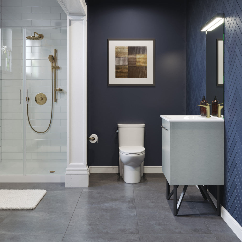 24-inch freestanding gray bathroom vanity with single sink and black metal legs.