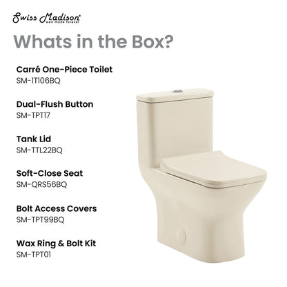 One-piece square toilet in bisque, dual flush, compact design.