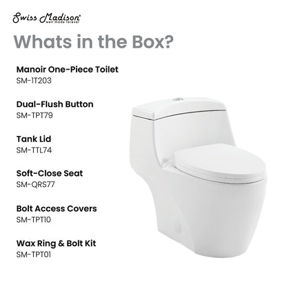 Elongated one-piece toilet with dual-flush button and soft-close lid in white ceramic.