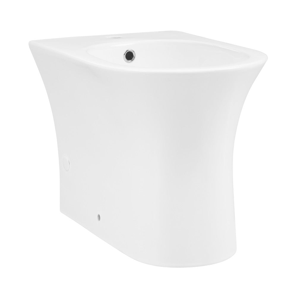 Floor-mount bidet in glossy white with classic curved design and single faucet hole.