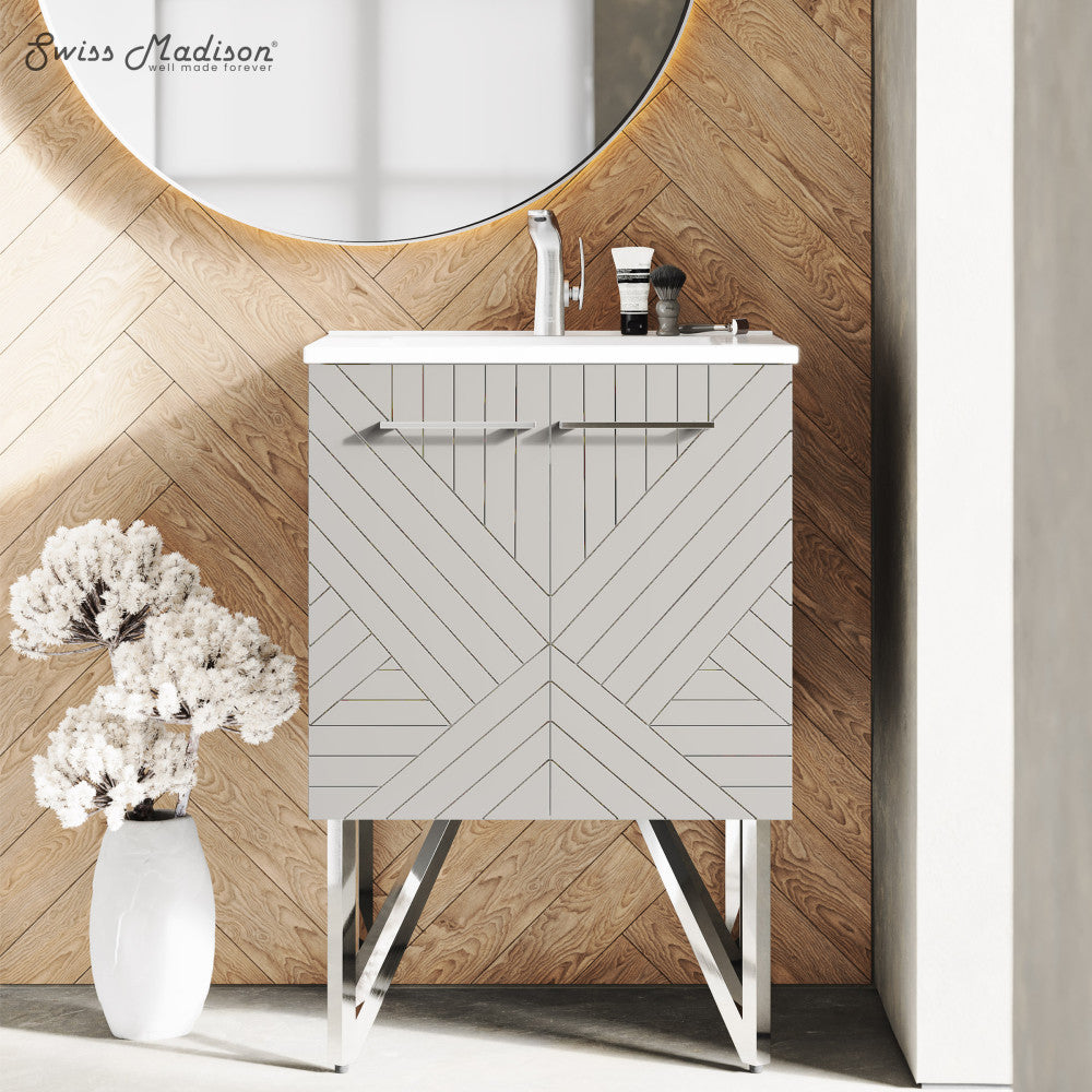24-inch freestanding bathroom vanity in greige with single sink and soft-close doors.
