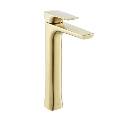 Single-handle high arc bathroom faucet in brushed gold from the Monaco collection.