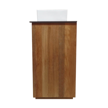36-inch freestanding reclaimed wood bathroom vanity in walnut with slate countertop and single hole vessel sink.