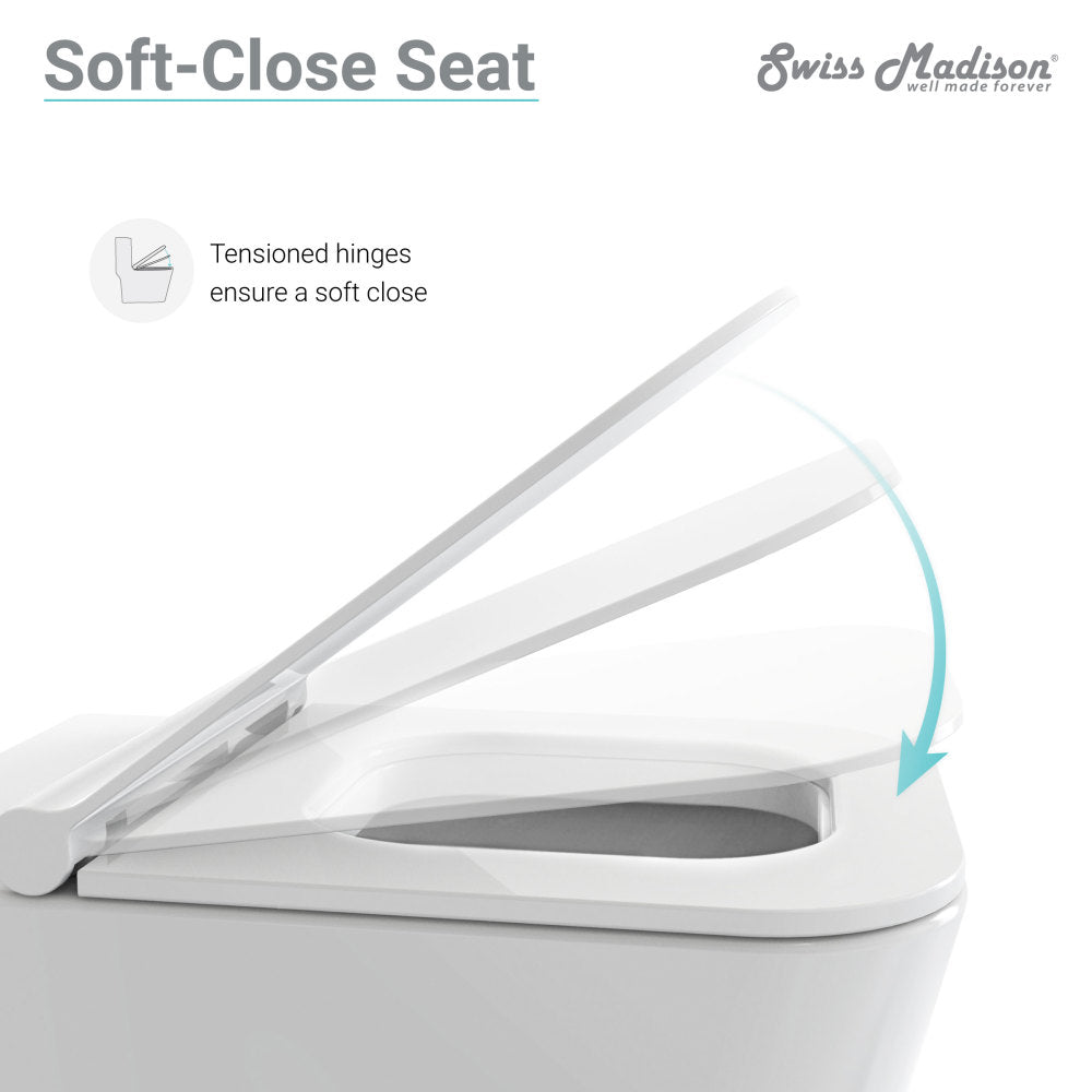 Wall-hung square toilet bowl with soft-close seat, sleek white ceramic design, modern minimalist style.