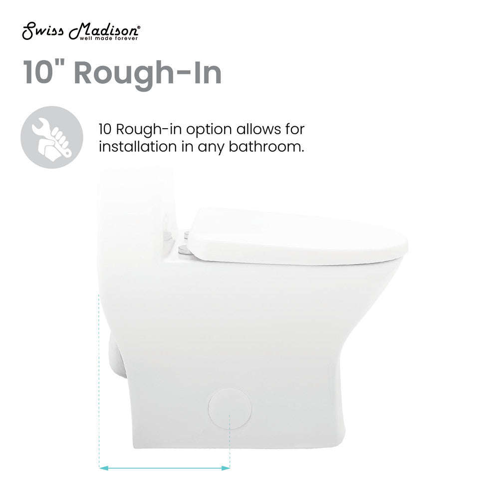 Round one-piece toilet in glossy white with dual top flush and compact design.