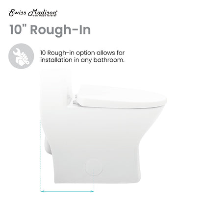 Round one-piece toilet in glossy white with dual top flush and compact design.