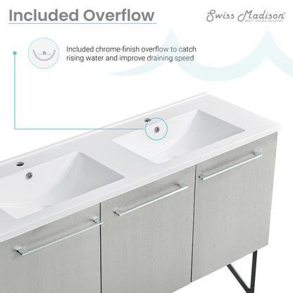 60-inch freestanding gray bathroom vanity with double sink, chrome overflow, and soft-close doors.