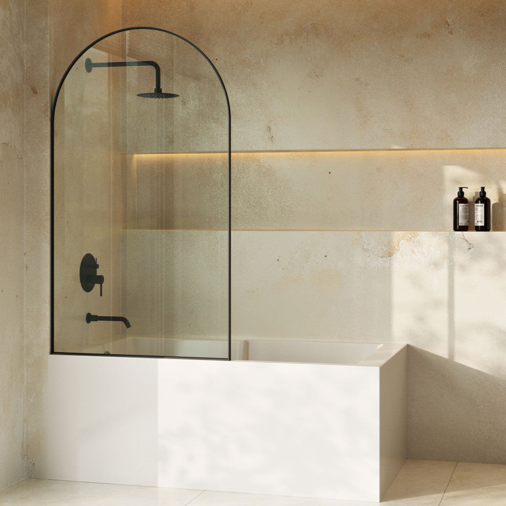 Porte 34 x 58 Framed Fixed 3/8 in. (10mm) Clear Tempered Glass Tub Door with Black Matte Frame