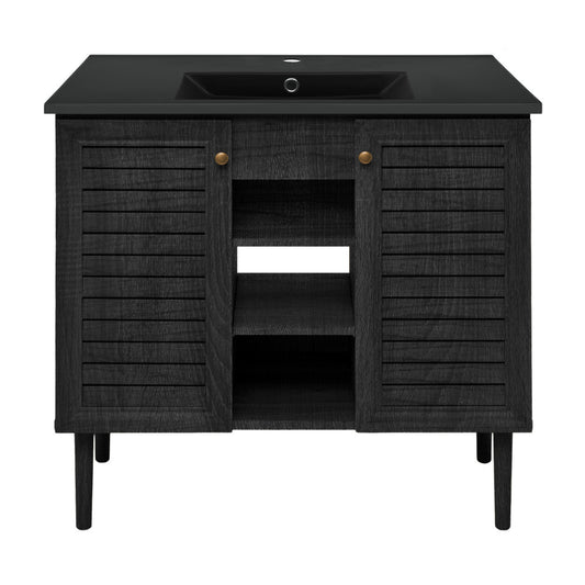 Bron 36" Freestanding Bathroom Vanity in Black Oak with Black Sink Top